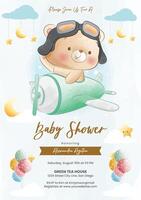 Baby shower invitation with bear and plane vector