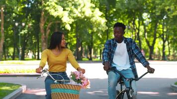 In a vibrant park, a young African American man and woman cycle side by side, smiling and sharing a joyful moment. Flowers are gathered in a basket, enhancing the cheerful atmosphere. video