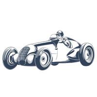 Vintage race car front side view with classic helmeted driver sketch vector