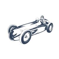 Retro race car side rear view with vintage driver illustration vector
