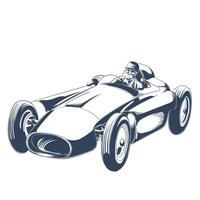 Retro racing car side front view with smiling helmeted driver sketch vector