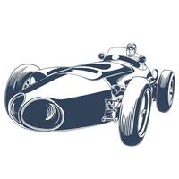 Retro race car from low front angle with vintage helmeted driver sketch vector