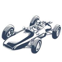 Top view retro race car with driver in helmet vintage sketch illustration vector
