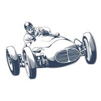 Retro race car driver in classic vintage racing car illustration vector