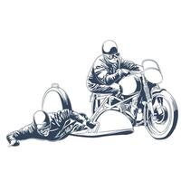Classic motorcycle sidecar racing illustration with two riders in action wearing helmets and racing suits vector