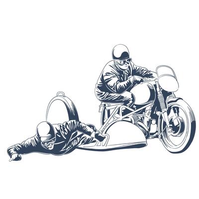 Classic motorcycle sidecar racing illustration with two riders in action wearing helmets and racing suits