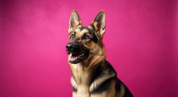 German shepherd dog on pink background photo