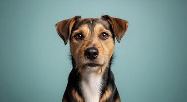 A dog is looking at the camera on a blue background photo