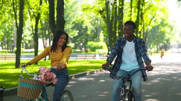 A young African American couple enjoys cycling in a beautiful park filled with greenery. They ride side by side, sharing smiles and laughter while surrounded by nature on a cheerful day. video