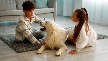 Two children are enjoying Thanksgiving Day together at home. They are playing with their friendly golden retriever on a soft rug in a bright, cheerful living room filled with warmth. video