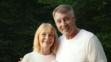 A senior couple in their 60s enjoys day in a lush park, reflecting their commitment to an active and healthy lifestyle. video