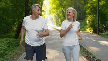 A couple in their 60s jogs side by side along a tree-lined path. They appear cheerful and active, enjoying the outdoors in a peaceful park setting early in the day. video