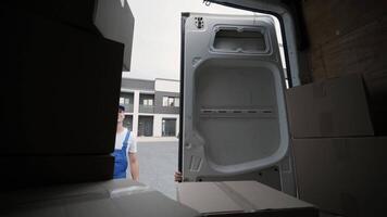 Boxes Stacked Inside Dimly Lit Delivery Truck video