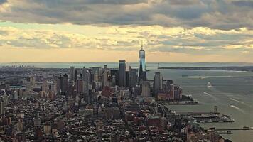 New York, USA, 2024-10-13 Manhattan s skyline with One World Trade Center and financial district towers viewed across the Hudson River from a boat video