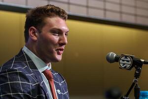 Auburn Tigers offensive lineman Connor Lew answers questions from the media during SEC Media Days at Omni Atlanta Hotel. editorial_image