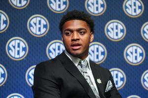 Auburn Tigers defensive lineman Keldric Faulk answers questions from the media during SEC Media Days at Omni Atlanta Hotel. editorial_image
