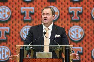 Tennessee Volunteers head coach Josh Heupel talks to the media during SEC Media Days at Omni Atlanta Hotel. editorial_image