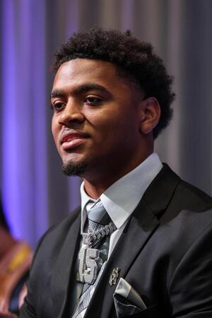 Auburn Tigers defensive lineman Keldric Faulk answers questions from the media during SEC Media Days at Omni Atlanta Hotel. editorial_image