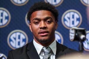 Auburn Tigers defensive lineman Keldric Faulk answers questions from the media during SEC Media Days at Omni Atlanta Hotel. editorial_image