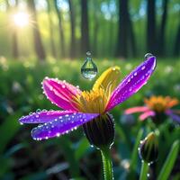 A rainbow flower with a drop of water on it photo