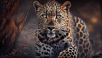 A leopard is walking through the woods photo