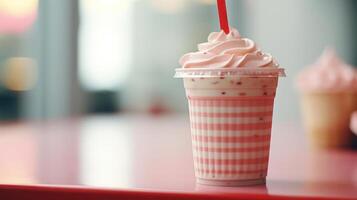 Pink strawberry milkshake with whipped cream and a straw. photo