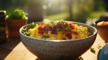 Creamy mac and cheese with bacon and chives. photo
