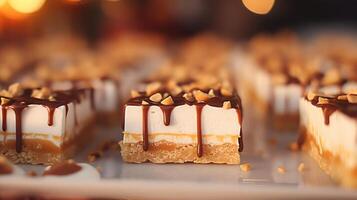 Caramel squares with nuts, delicious dessert, close-up view. photo