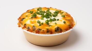 Scalloped potatoes with cheese and chives in a baking dish. photo