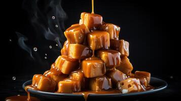 Stacked caramel squares with dripping caramel on a black plate. photo