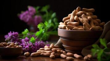 Almonds in bowls with vibrant flowers and greenery. photo