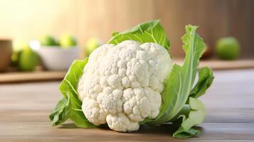 Fresh cauliflower with green leaves on a wooden surface. photo