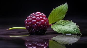 A single raspberry with leaves on a reflective surface. photo