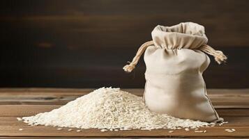 Rice spilling from a burlap sack on a wooden surface. photo