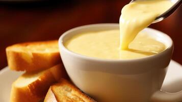 Creamy soup being poured, served with toasted bread. photo