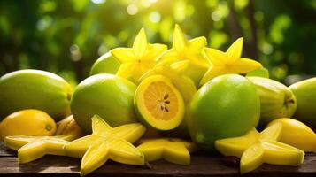 Star fruit display with vibrant green and yellow hues. photo