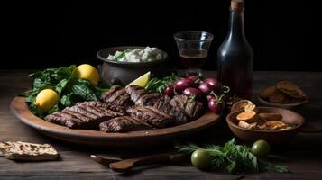 Grilled meat, vegetables, bread, and wine on a wooden table. photo