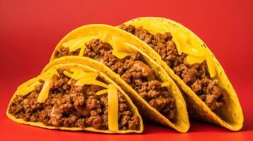 Three delicious tacos with ground beef and cheese. photo