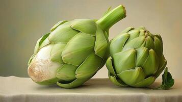 Two artichokes on a linen background. photo