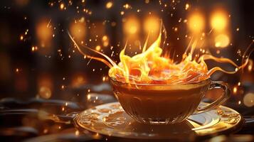 Coffee splash, warm, vibrant, dynamic, golden light. photo