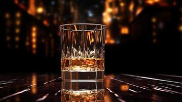 Whiskey glass with reflection on dark surface. photo