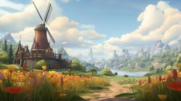 Scenic view of a windmill and vibrant landscape. photo