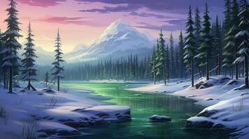 Snowy stream flowing through a winter forest, mountain backdrop. photo