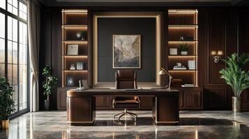 Luxurious executive office with dark wood and modern design. photo
