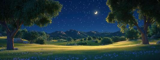 Serene moonlit meadow with lush greenery and distant mountains. photo