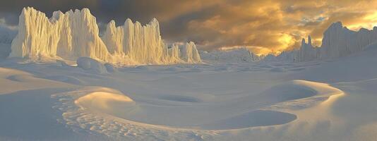 Frozen peaks rise from a desolate, windswept landscape. photo