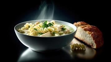 Warm chicken pasta soup with bread, a comforting meal. photo