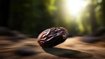 Close-up of a date fruit with sunlight and blurred background. photo