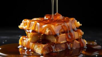 Golden honeycomb dripping with honey, close-up view. photo