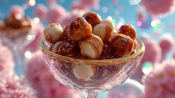 Chocolate covered nuts in a glass bowl, vibrant background. photo
